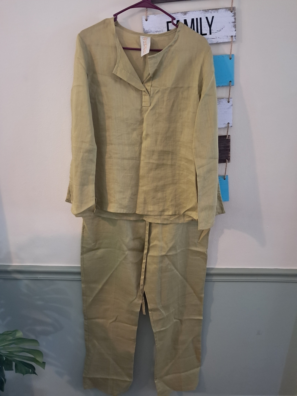 Light Olive Linen Drawstring Pantsuit — Unbranded